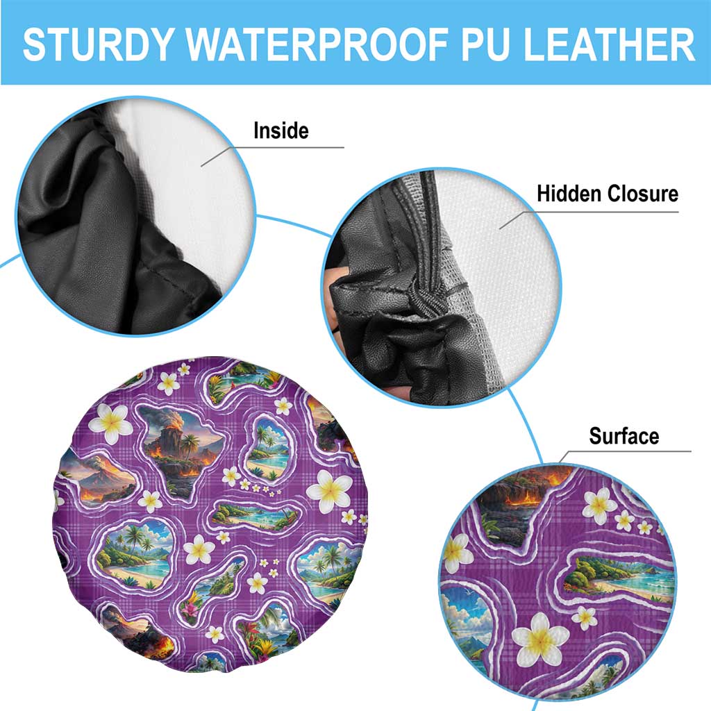 Hawaiian Island Shapes-Iconic Landscape Spare Tire Cover with Plumeria and Palaka Purple Color LT03 - Polynesian Pride