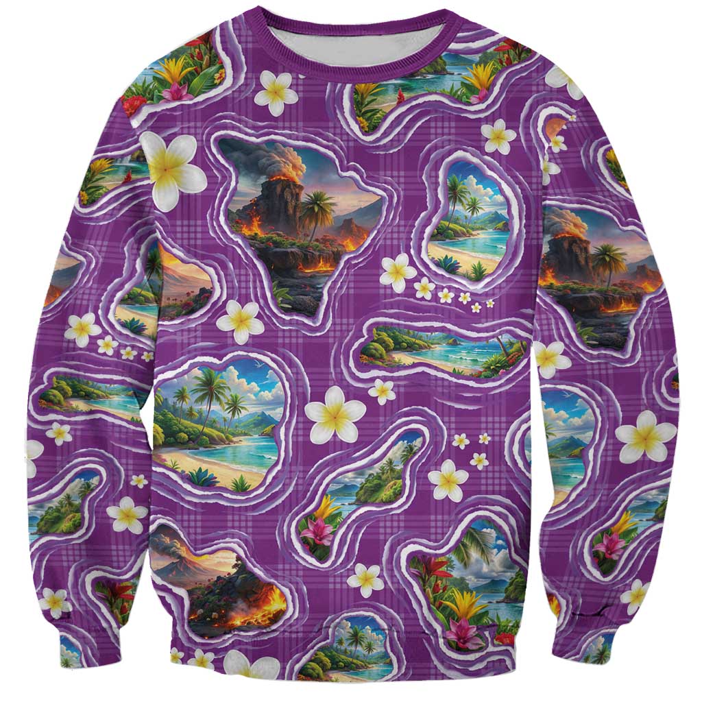 Hawaiian Island Shapes-Iconic Landscape Sweatshirt with Plumeria and Palaka Purple Color