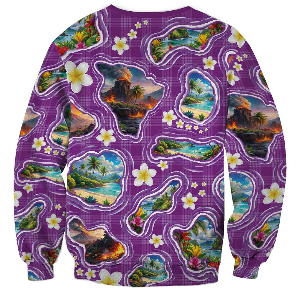 Hawaiian Island Shapes-Iconic Landscape Sweatshirt with Plumeria and Palaka Purple Color