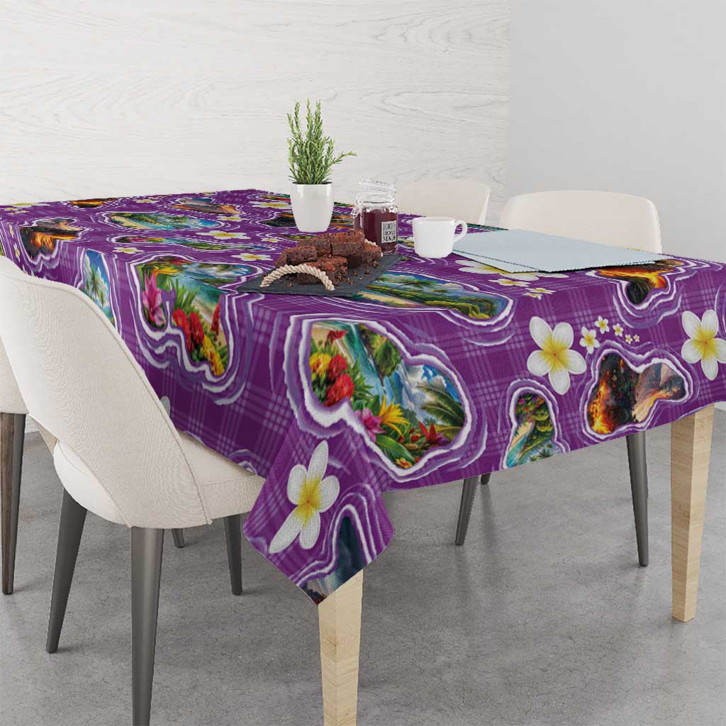 Hawaiian Island Shapes-Iconic Landscape Tablecloth with Plumeria and Palaka Purple Color