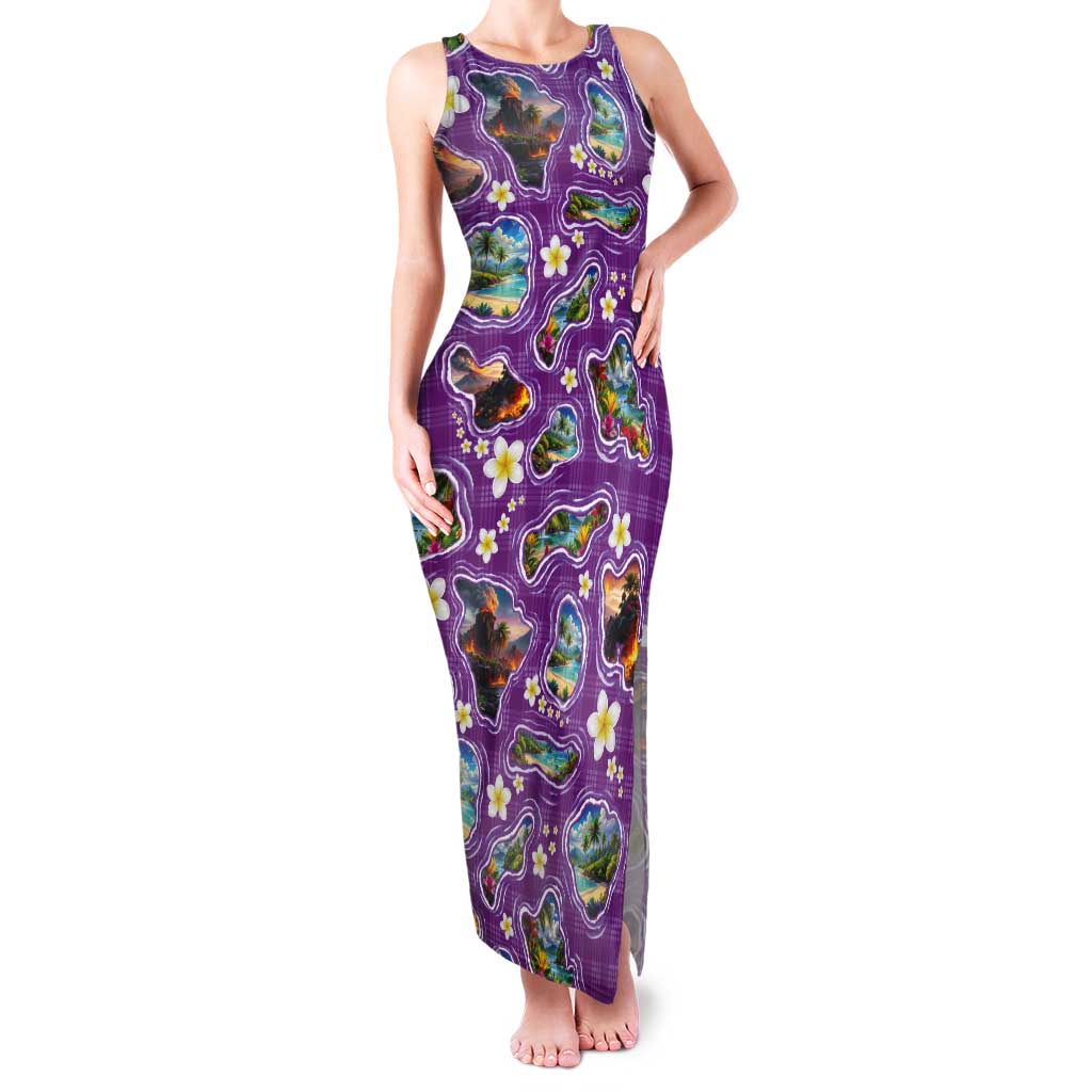 Hawaiian Island Shapes-Iconic Landscape Tank Maxi Dress with Plumeria and Palaka Purple Color LT03 Women Purple - Polynesian Pride