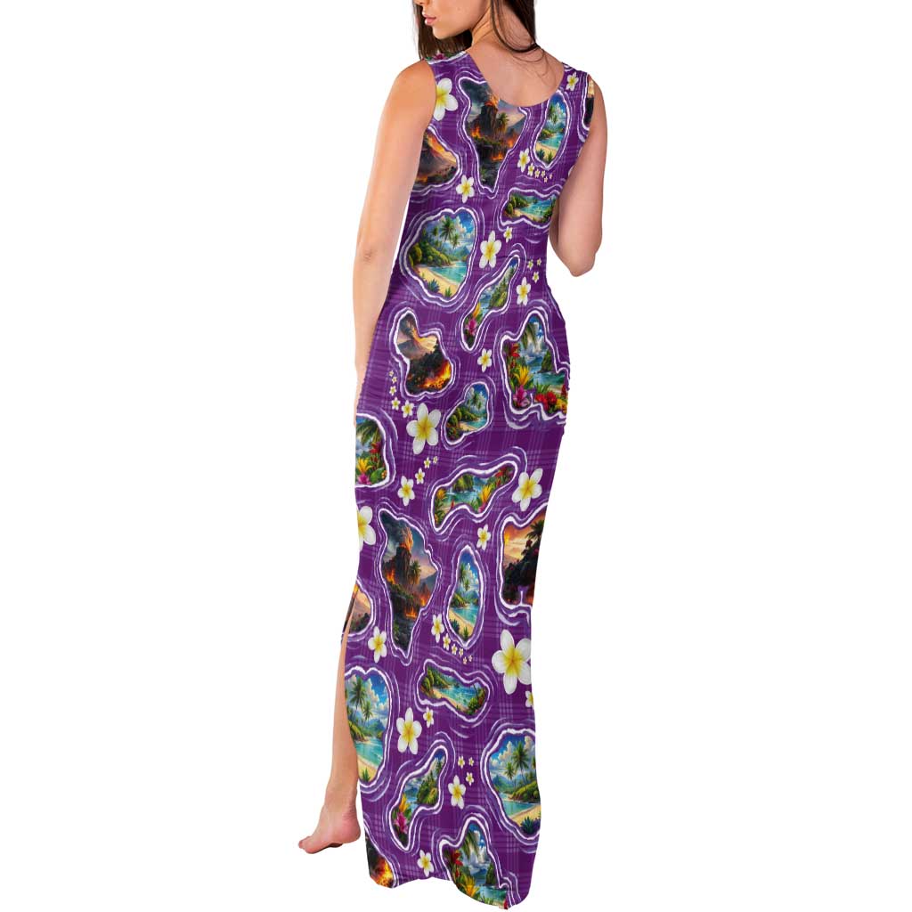Hawaiian Island Shapes-Iconic Landscape Tank Maxi Dress with Plumeria and Palaka Purple Color LT03 - Polynesian Pride