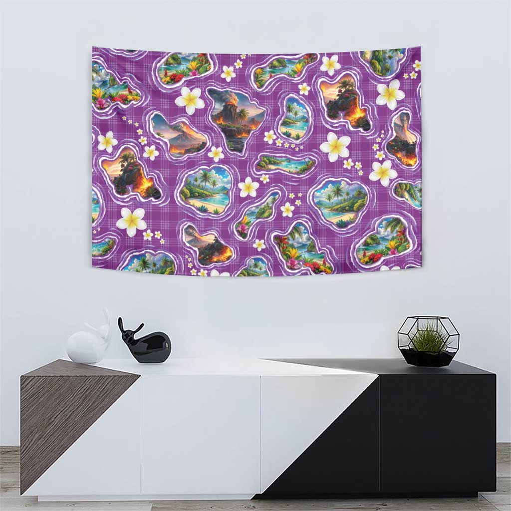 Hawaiian Island Shapes-Iconic Landscape Tapestry with Plumeria and Palaka Purple Color