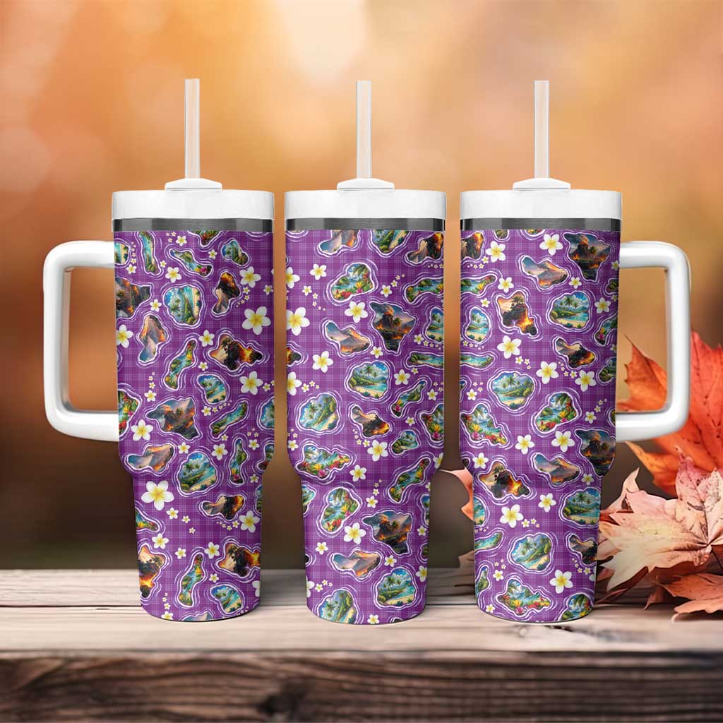 Hawaiian Island Shapes-Iconic Landscape Tumbler With Handle with Plumeria and Palaka Purple Color