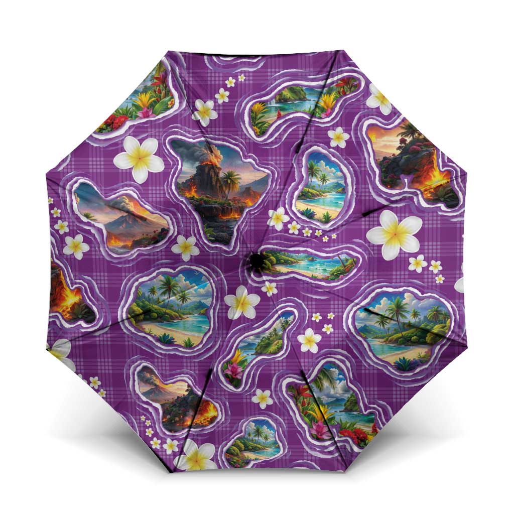 Hawaiian Island Shapes-Iconic Landscape Umbrella with Plumeria and Palaka Purple Color