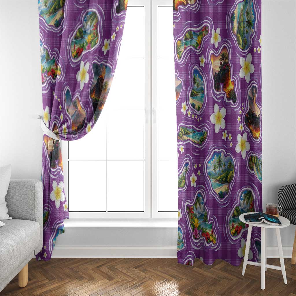 Hawaiian Island Shapes-Iconic Landscape Window Curtain with Plumeria and Palaka Purple Color