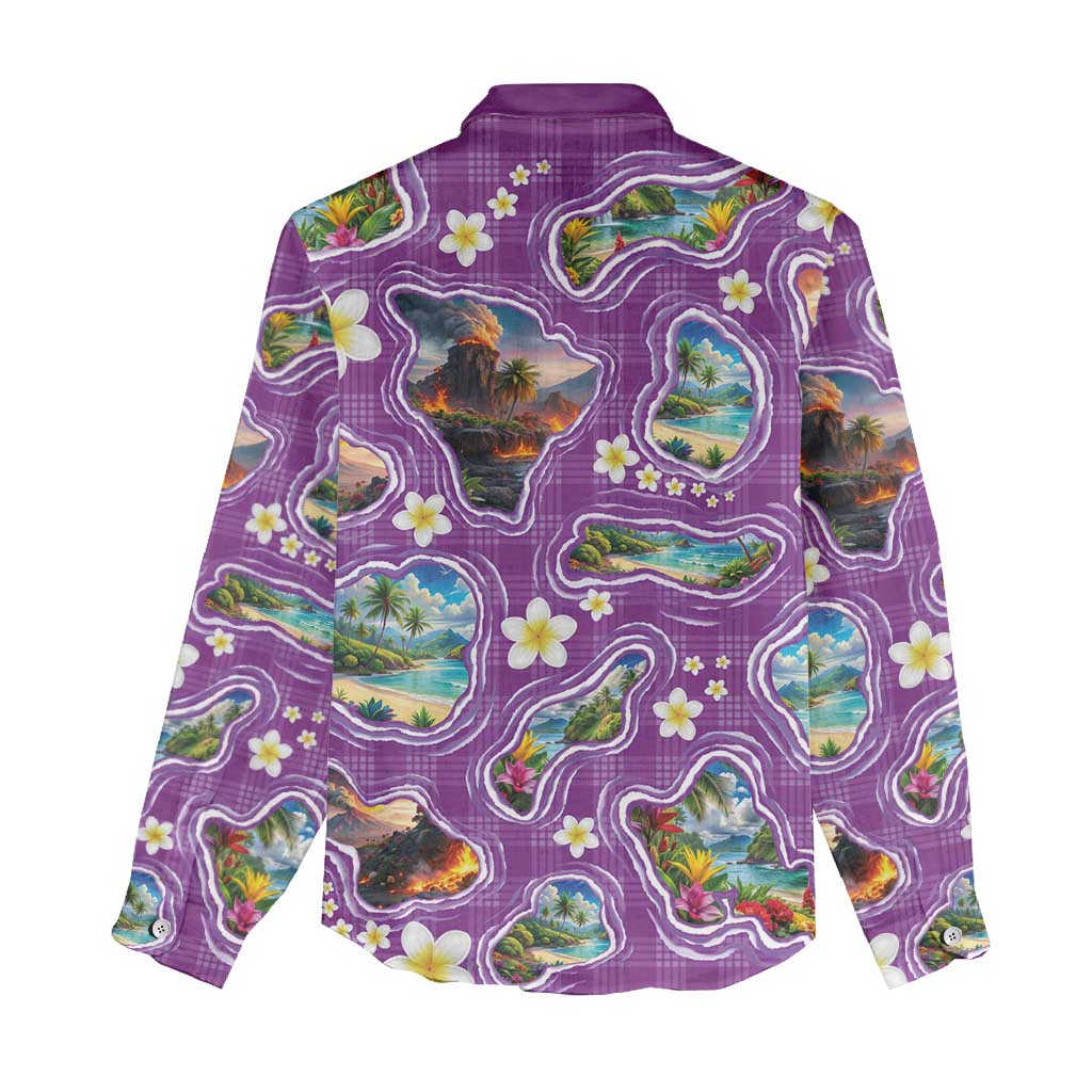 Hawaiian Island Shapes-Iconic Landscape Women Casual Shirt with Plumeria and Palaka Purple Color LT03 - Polynesian Pride