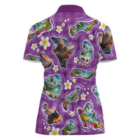 Hawaiian Island Shapes-Iconic Landscape Women Polo Shirt with Plumeria and Palaka Purple Color LT03 - Polynesian Pride