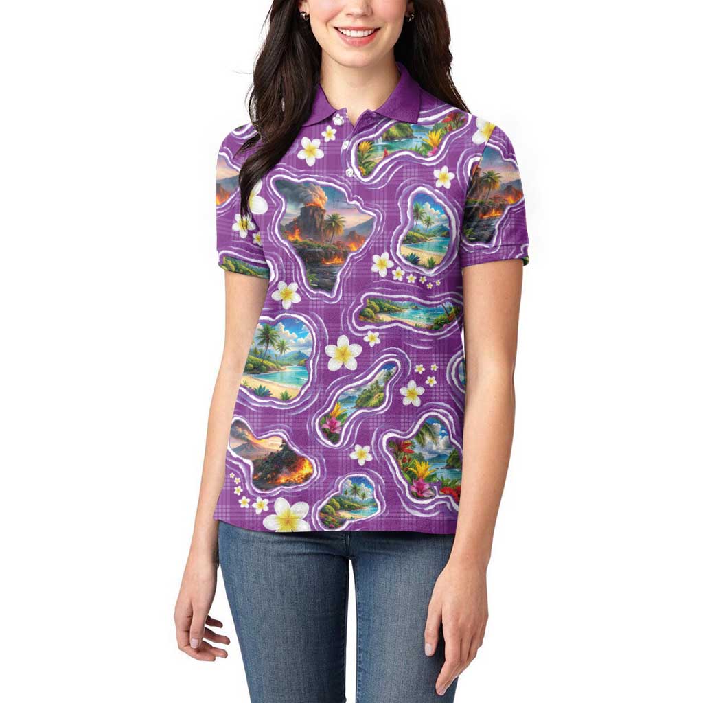 Hawaiian Island Shapes-Iconic Landscape Women Polo Shirt with Plumeria and Palaka Purple Color LT03 - Polynesian Pride