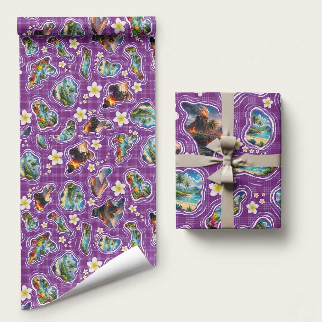 Hawaiian Island Shapes-Iconic Landscape Wrapping Paper with Plumeria and Palaka Purple Color