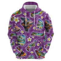 Hawaiian Island Shapes-Iconic Landscape Zip Hoodie with Plumeria and Palaka Purple Color LT03 - Polynesian Pride