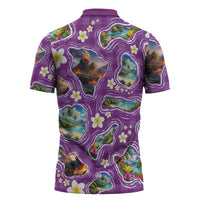 Hawaiian Island Shapes-Iconic Landscape Zipper Polo Shirt with Plumeria and Palaka Purple Color LT03 - Polynesian Pride