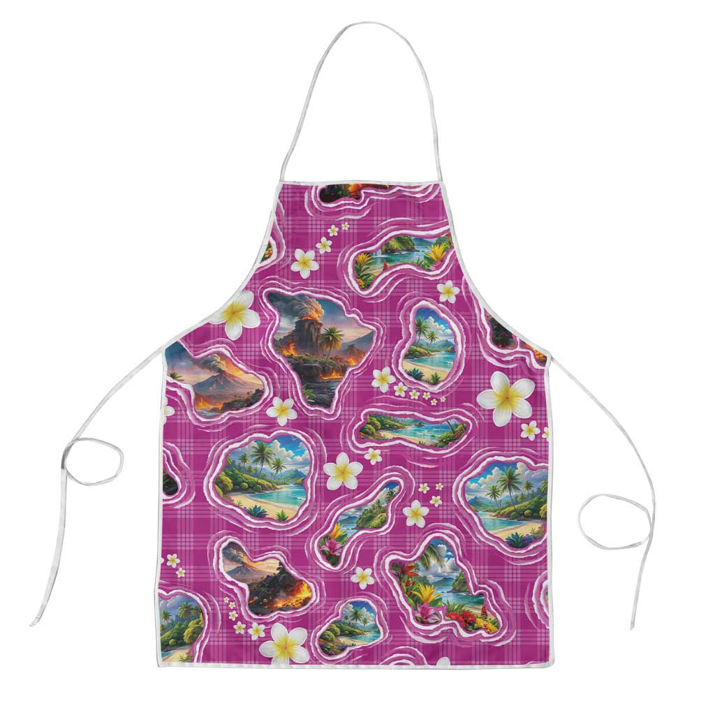 Hawaiian Island Shapes-Iconic Landscape Apron with Plumeria and Palaka Pink Color