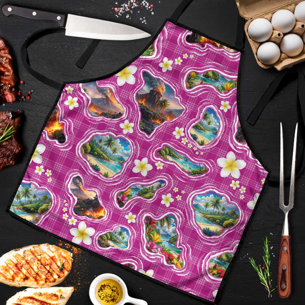 Hawaiian Island Shapes-Iconic Landscape Apron with Plumeria and Palaka Pink Color