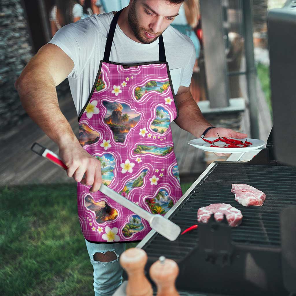 Hawaiian Island Shapes-Iconic Landscape Apron with Plumeria and Palaka Pink Color