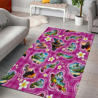 Hawaiian Island Shapes-Iconic Landscape Area Rug with Plumeria and Palaka Pink Color