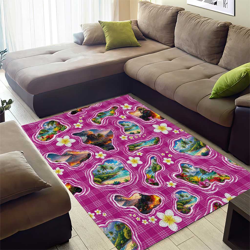 Hawaiian Island Shapes-Iconic Landscape Area Rug with Plumeria and Palaka Pink Color
