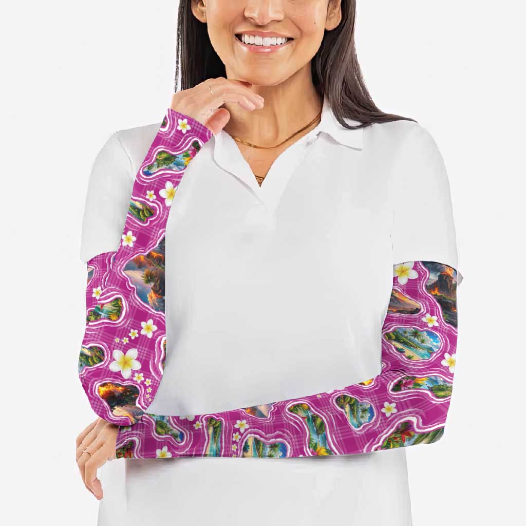 Hawaiian Island Shapes-Iconic Landscape Arm Sleeves with Plumeria and Palaka Pink Color