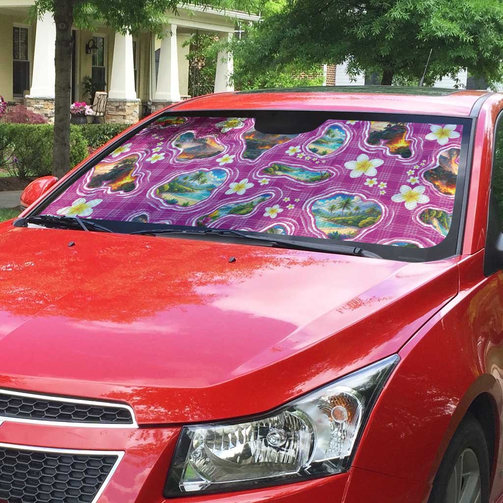 Hawaiian Island Shapes-Iconic Landscape Auto Sun Shade with Plumeria and Palaka Pink Color