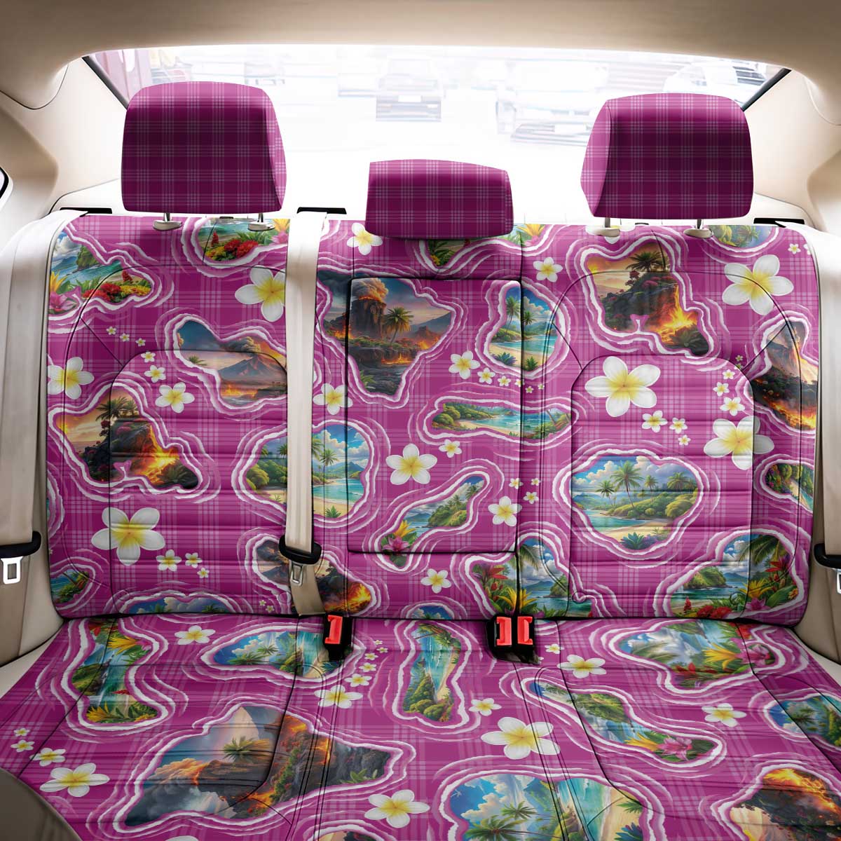 Hawaiian Island Shapes-Iconic Landscape Back Car Seat Cover with Plumeria and Palaka Pink Color