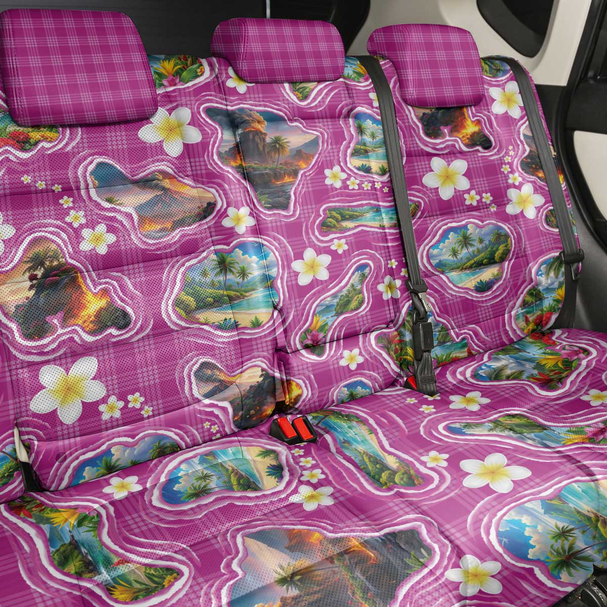Hawaiian Island Shapes-Iconic Landscape Back Car Seat Cover with Plumeria and Palaka Pink Color