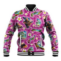 Hawaiian Island Shapes-Iconic Landscape Baseball Jacket with Plumeria and Palaka Pink Color