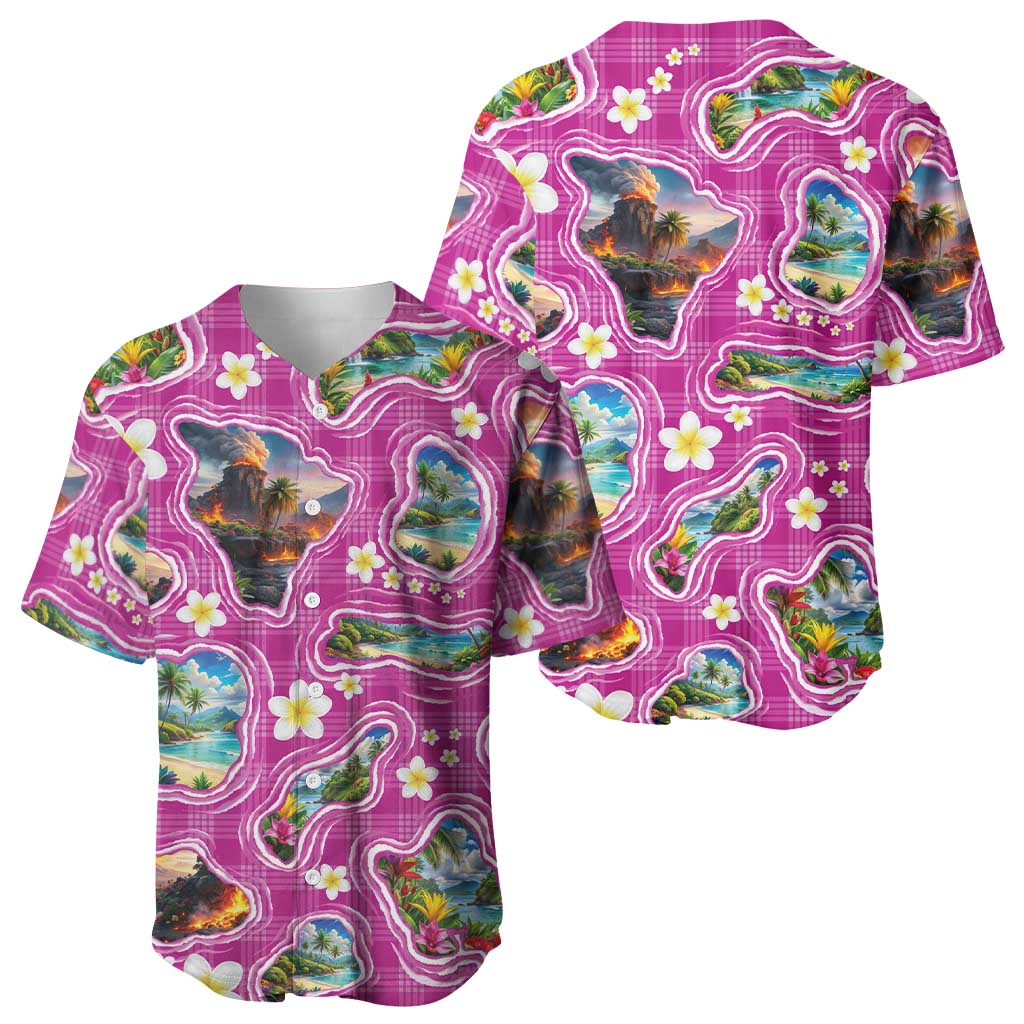 Hawaiian Island Shapes-Iconic Landscape Baseball Jersey with Plumeria and Palaka Pink Color