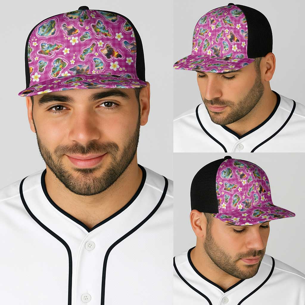 Hawaiian Island Shapes-Iconic Landscape Baseball Net Cap with Plumeria and Palaka Pink Color