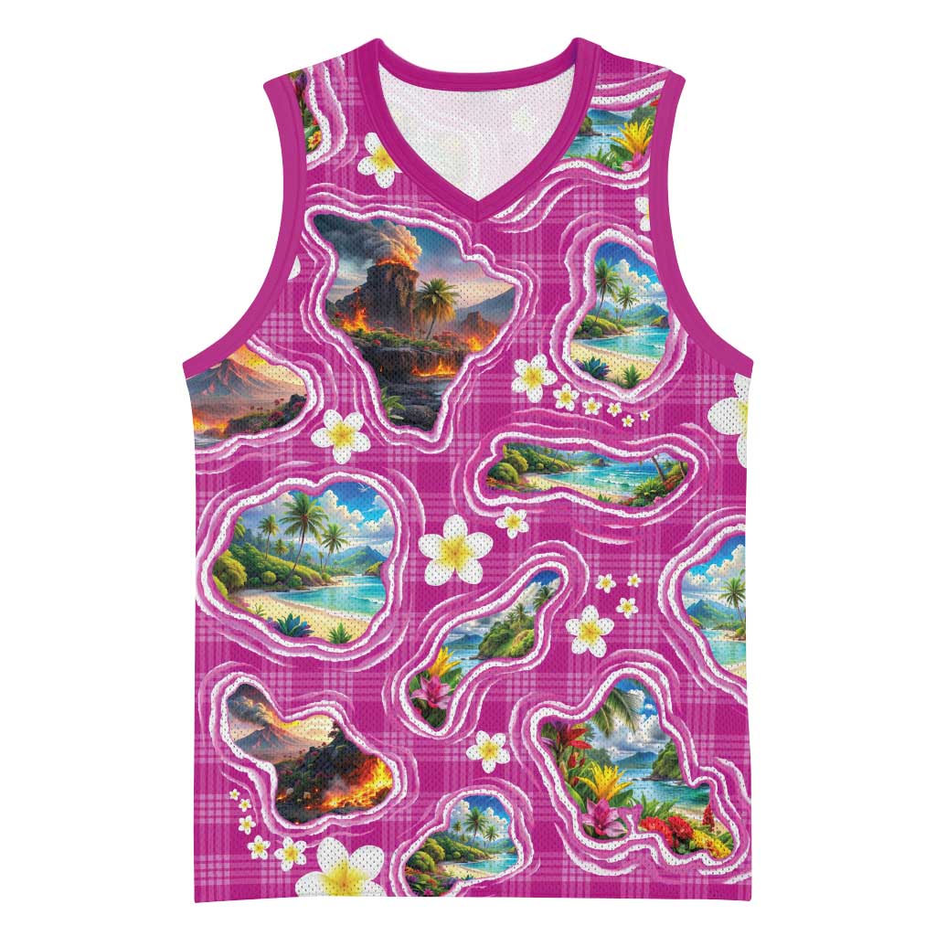 Hawaiian Island Shapes-Iconic Landscape Basketball Jersey with Plumeria and Palaka Pink Color LT03 Unisex Pink - Polynesian Pride