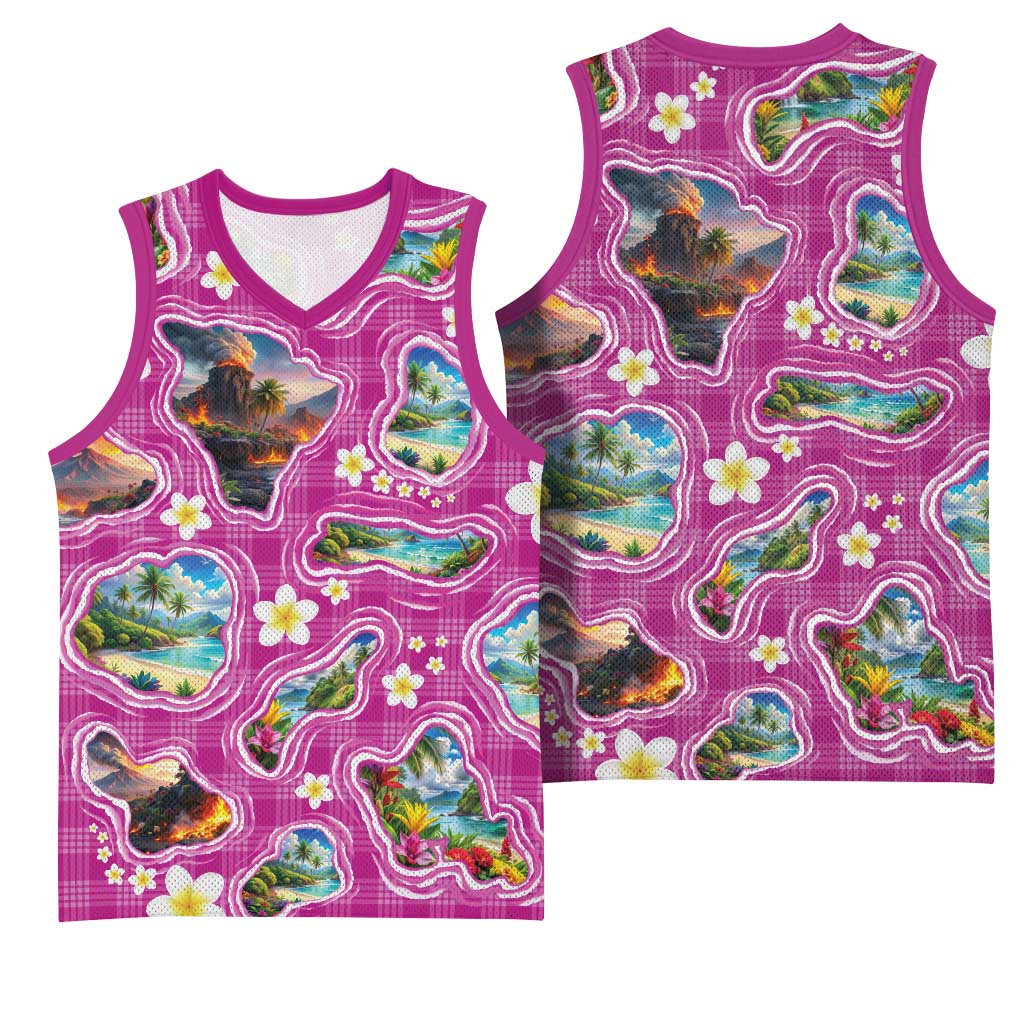 Hawaiian Island Shapes-Iconic Landscape Basketball Jersey with Plumeria and Palaka Pink Color LT03 - Polynesian Pride