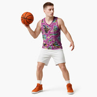 Hawaiian Island Shapes-Iconic Landscape Basketball Jersey with Plumeria and Palaka Pink Color LT03 - Polynesian Pride