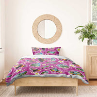Hawaiian Island Shapes-Iconic Landscape Bedding Set with Plumeria and Palaka Pink Color