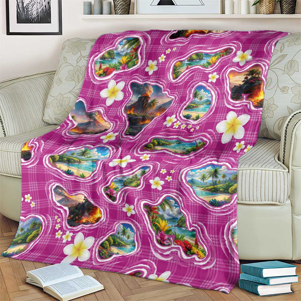 Hawaiian Island Shapes-Iconic Landscape Blanket with Plumeria and Palaka Pink Color