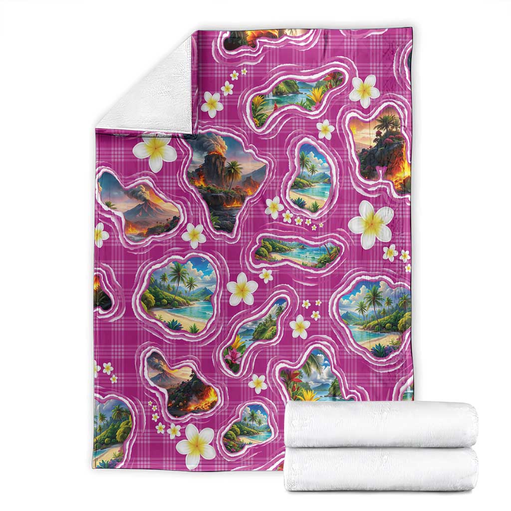 Hawaiian Island Shapes-Iconic Landscape Blanket with Plumeria and Palaka Pink Color