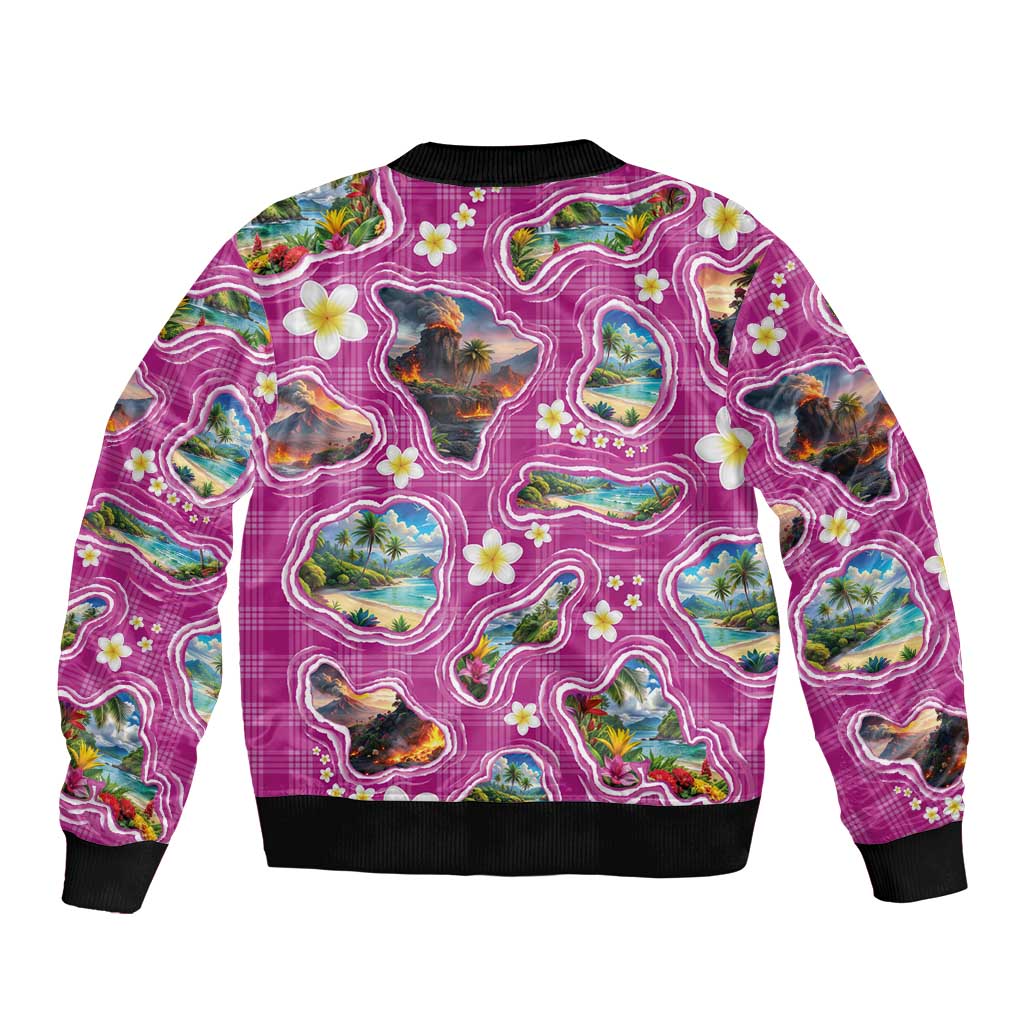 Hawaiian Island Shapes-Iconic Landscape Bomber Jacket with Plumeria and Palaka Pink Color