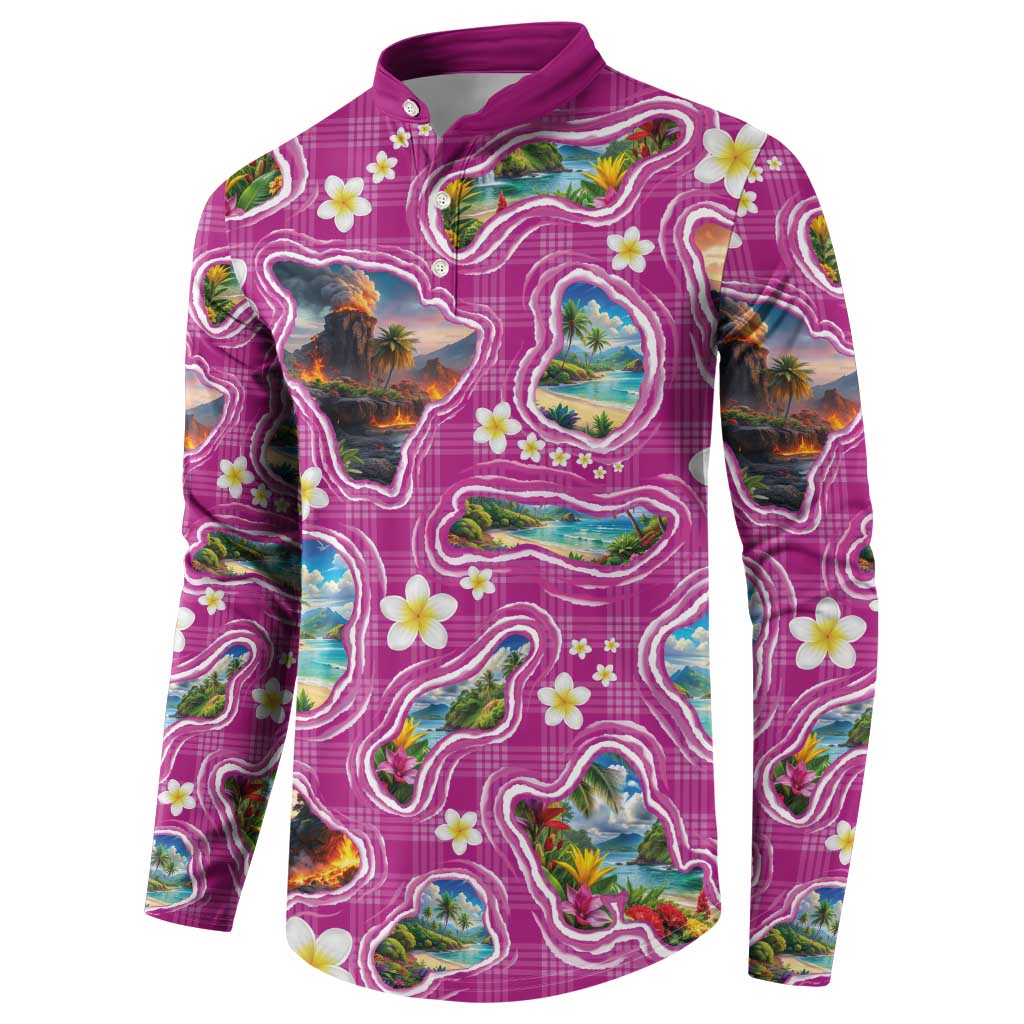 Hawaiian Island Shapes-Iconic Landscape Button Sweatshirt with Plumeria and Palaka Pink Color