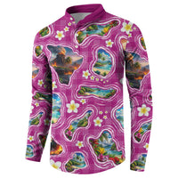 Hawaiian Island Shapes-Iconic Landscape Button Sweatshirt with Plumeria and Palaka Pink Color