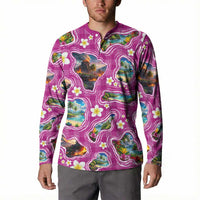 Hawaiian Island Shapes-Iconic Landscape Button Sweatshirt with Plumeria and Palaka Pink Color