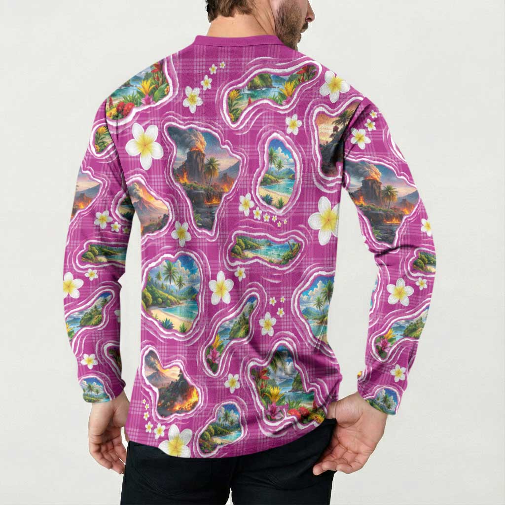 Hawaiian Island Shapes-Iconic Landscape Button Sweatshirt with Plumeria and Palaka Pink Color