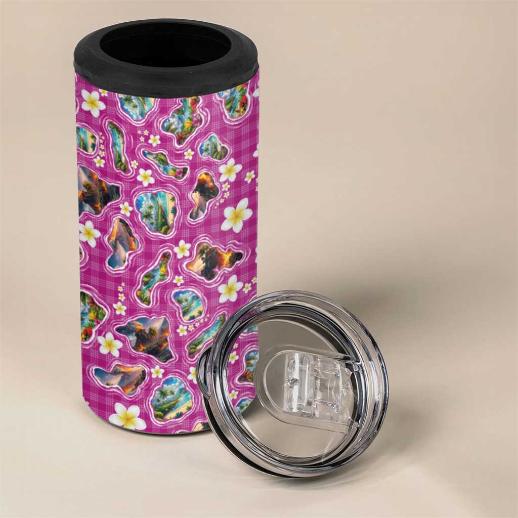 Hawaiian Island Shapes-Iconic Landscape 4 in 1 Can Cooler Tumbler with Plumeria and Palaka Pink Color LT03 - Polynesian Pride