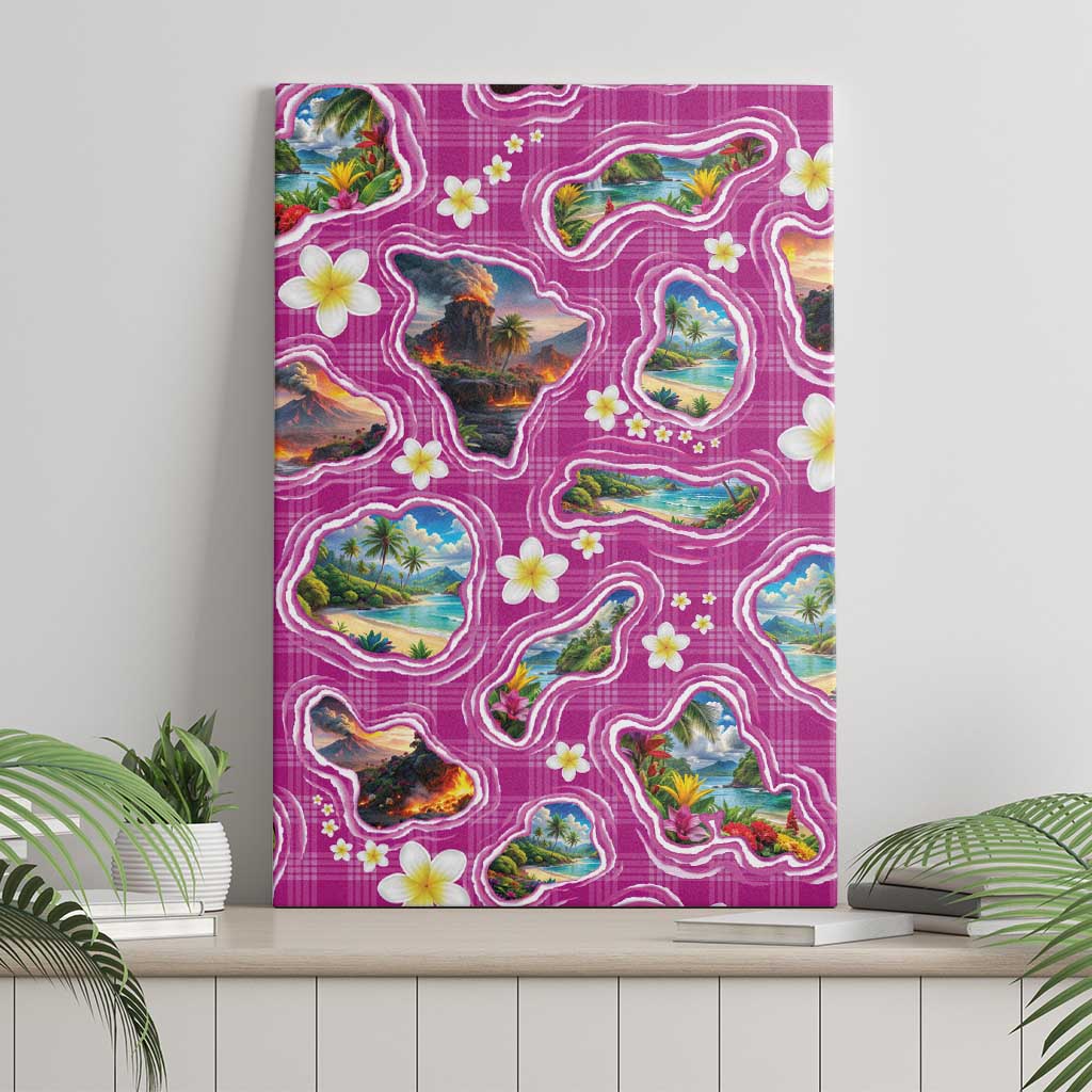 Hawaiian Island Shapes-Iconic Landscape Canvas Wall Art with Plumeria and Palaka Pink Color
