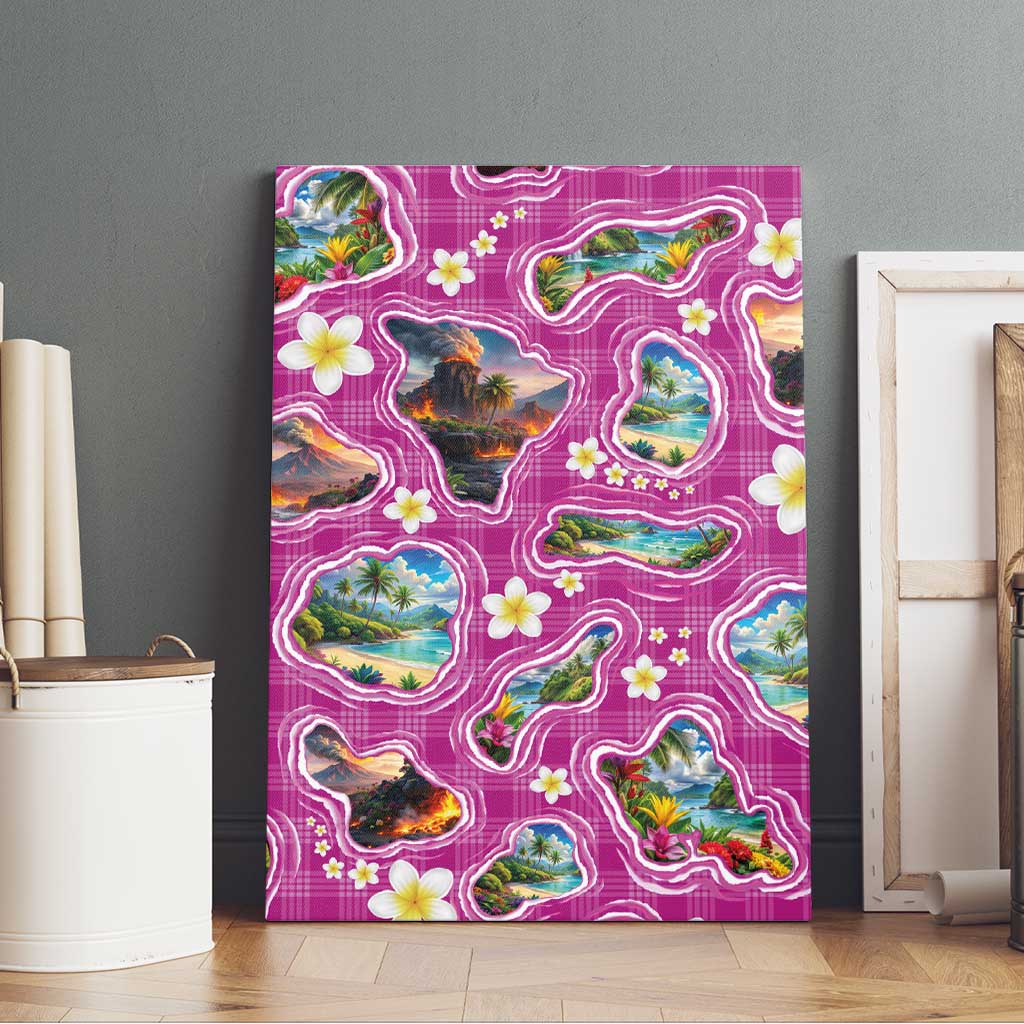 Hawaiian Island Shapes-Iconic Landscape Canvas Wall Art with Plumeria and Palaka Pink Color