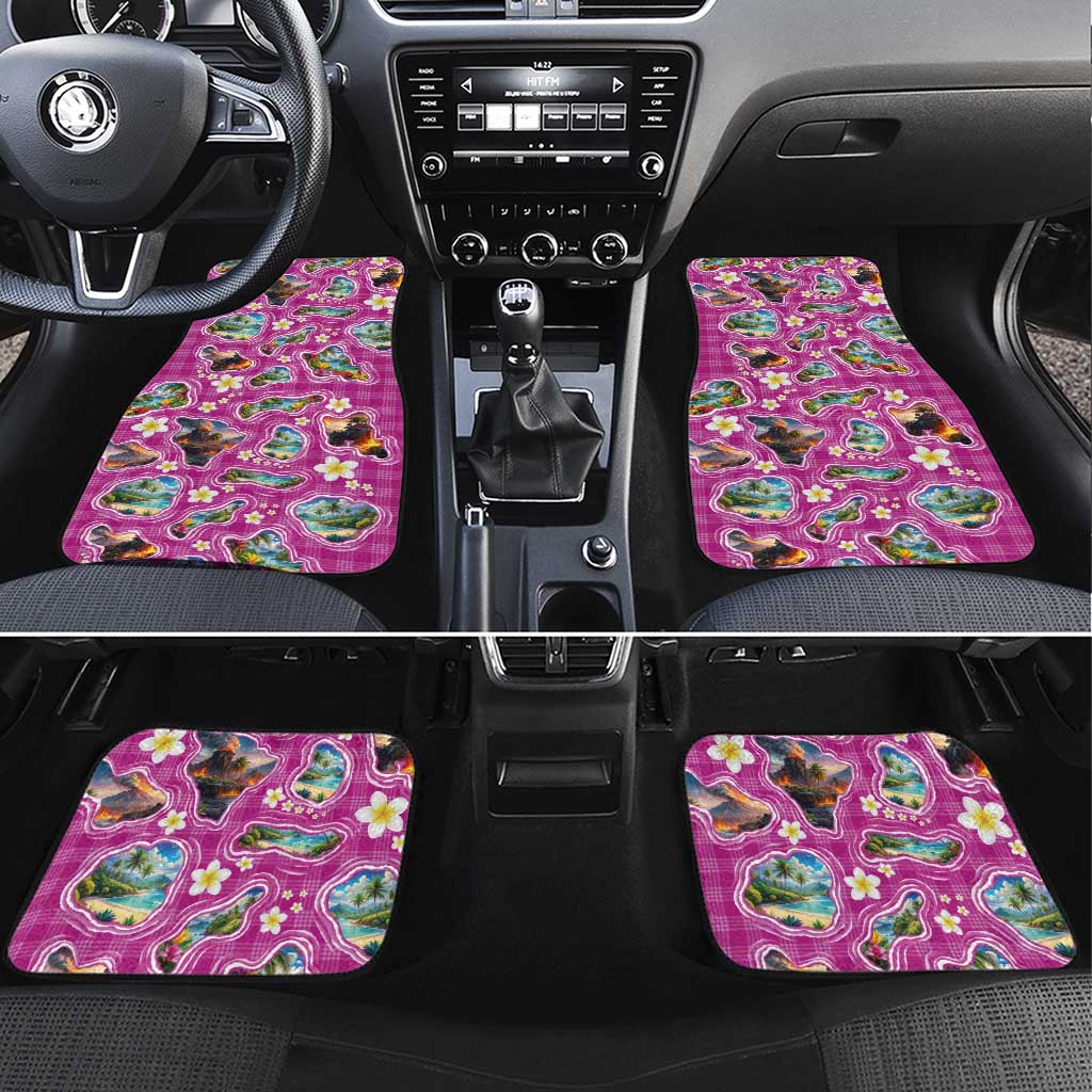 Hawaiian Island Shapes-Iconic Landscape Car Mats with Plumeria and Palaka Pink Color