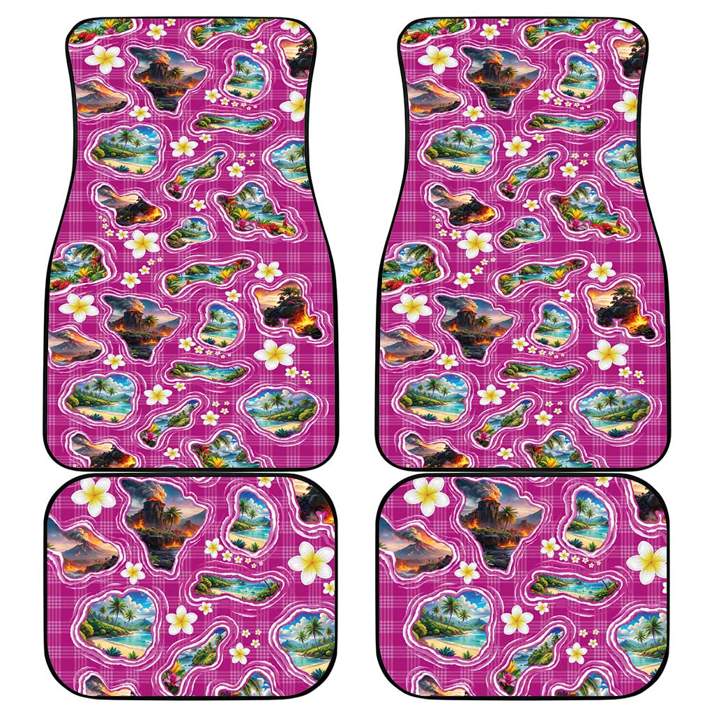 Hawaiian Island Shapes-Iconic Landscape Car Mats with Plumeria and Palaka Pink Color