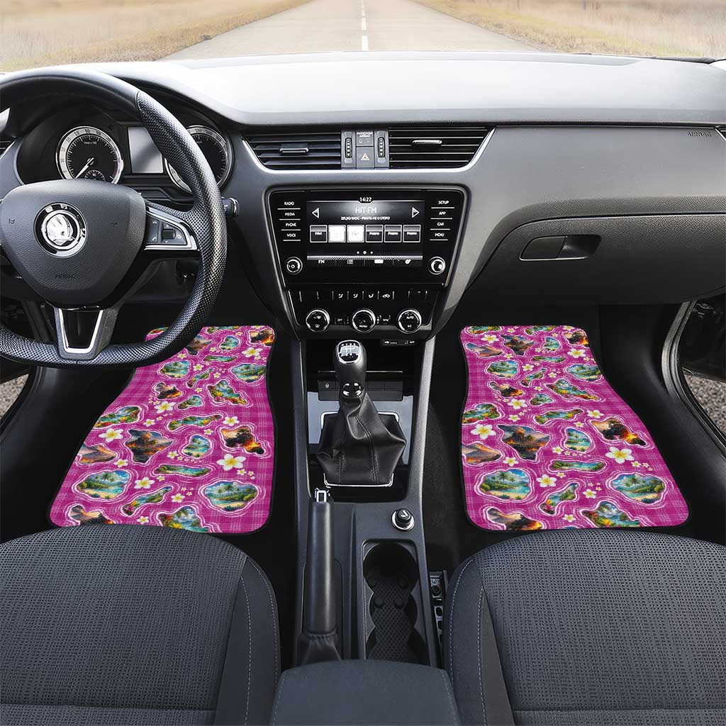 Hawaiian Island Shapes-Iconic Landscape Car Mats with Plumeria and Palaka Pink Color