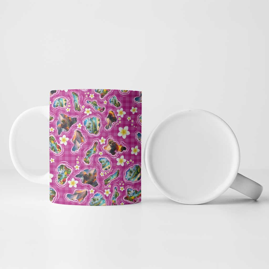 Hawaiian Island Shapes-Iconic Landscape Ceramic Mug with Plumeria and Palaka Pink Color