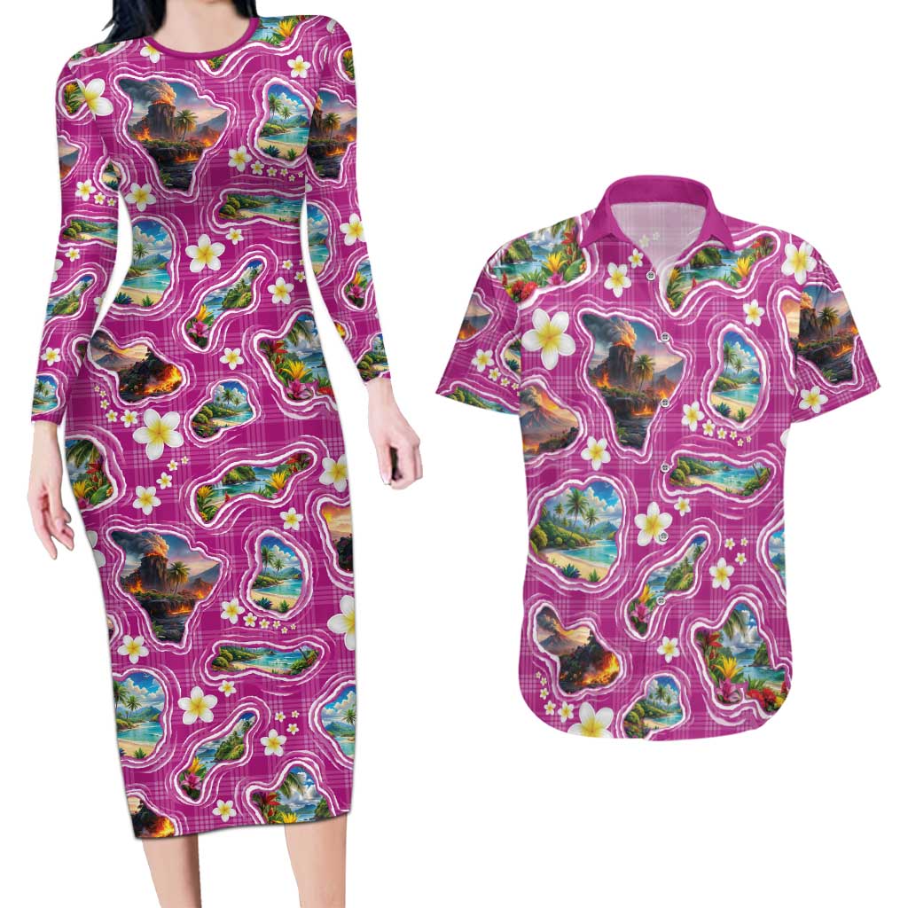 Hawaiian Island Shapes-Iconic Landscape Couples Matching Long Sleeve Bodycon Dress and Hawaiian Shirt with Plumeria and Palaka Pink Color LT03 Pink - Polynesian Pride