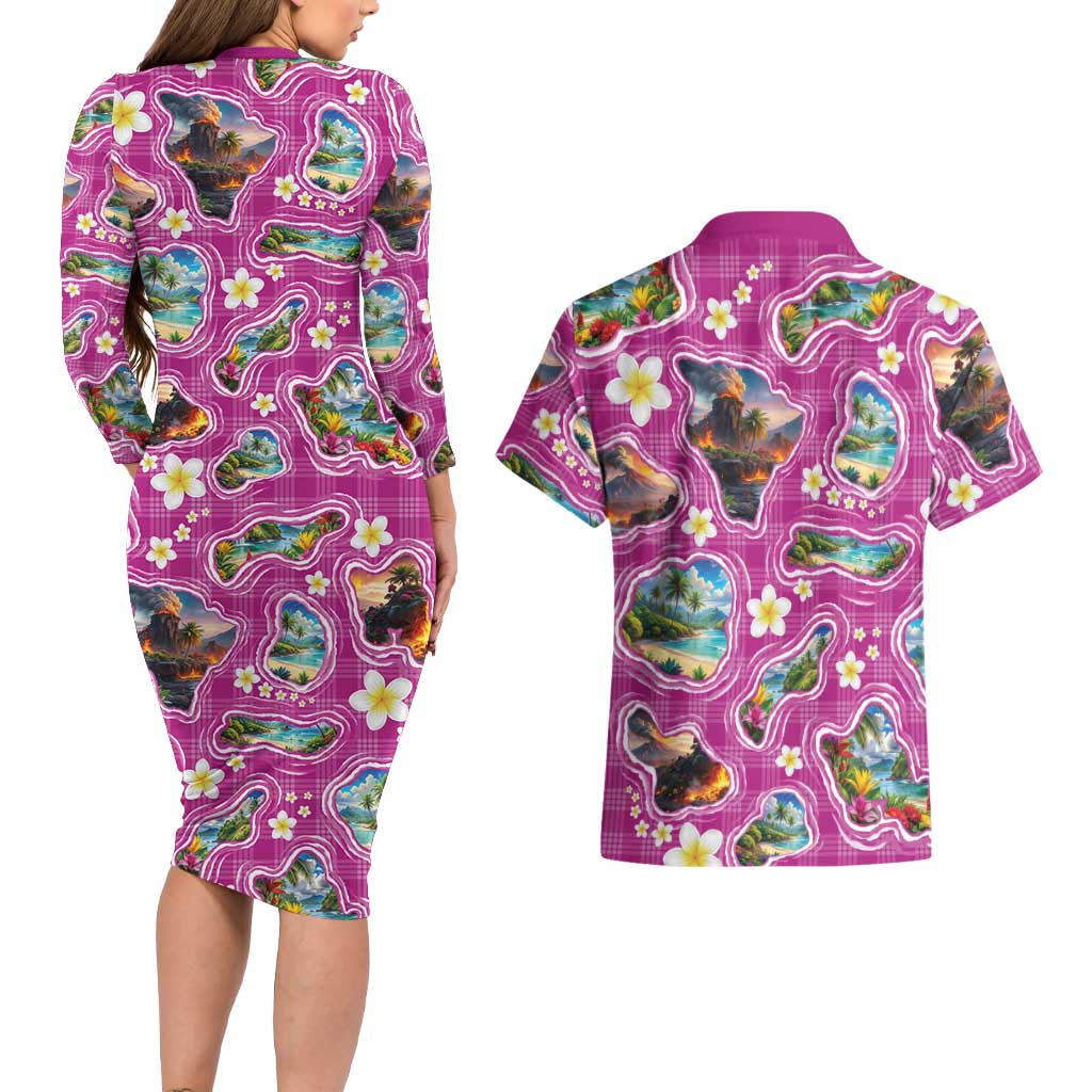Hawaiian Island Shapes-Iconic Landscape Couples Matching Long Sleeve Bodycon Dress and Hawaiian Shirt with Plumeria and Palaka Pink Color LT03 - Polynesian Pride