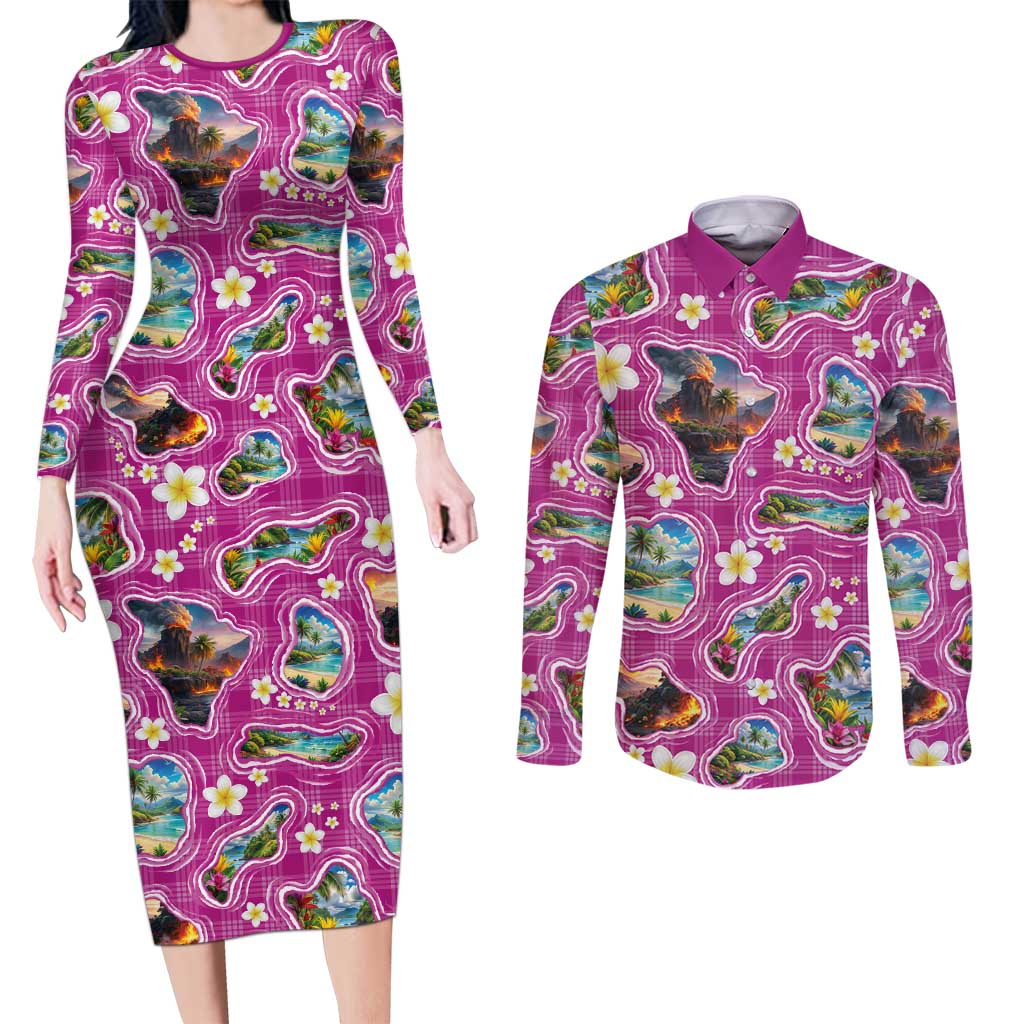 Hawaiian Island Shapes-Iconic Landscape Couples Matching Long Sleeve Bodycon Dress and Long Sleeve Button Shirt with Plumeria and Palaka Pink Color LT03 Pink - Polynesian Pride