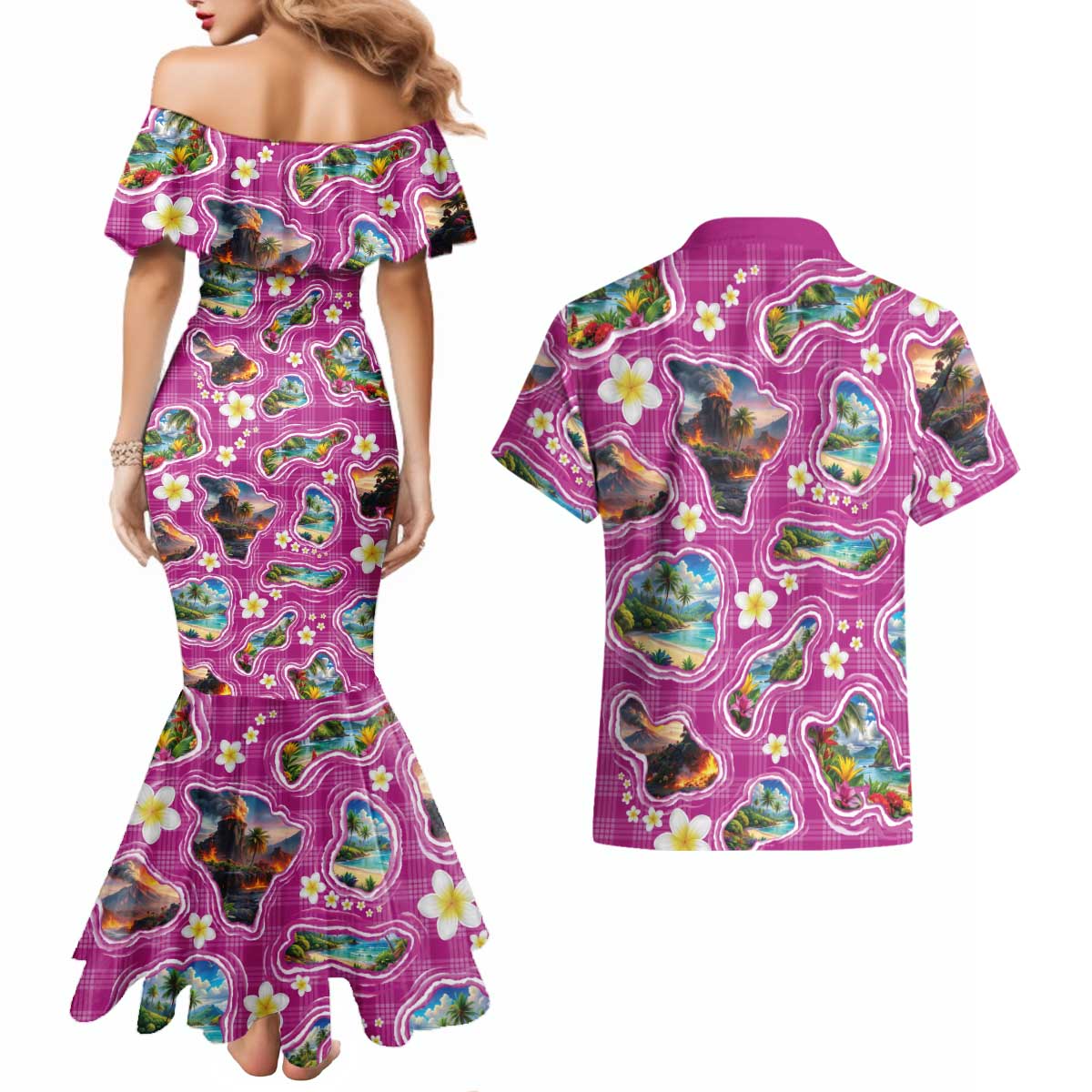 Hawaiian Island Shapes-Iconic Landscape Couples Matching Mermaid Dress and Hawaiian Shirt with Plumeria and Palaka Pink Color LT03 - Polynesian Pride